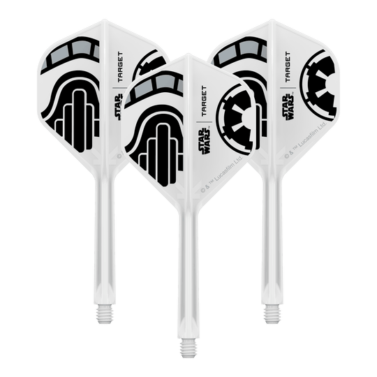 Target Star Wars K-Flex Stormtrooper No.2 Standaardvluchten Das Bild zeigt ein Set von Dart-Flights der Star Wars KFlex Stormtrooper No2 Standard Serie. Diese Version ist medium und hat eine Länge von 33 mm.