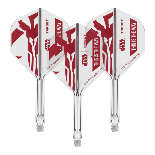 Target Star Wars K-Flex Set Mandalorian No2 Standaard Flights Gezeigt wird das Produkt mit dem Dateinamen 410621_Target_StarWars_K-Flex_ThisIsTheWay_No2_Standard_Flights_26mm_2b. Das Motiv scheint an den Star Wars Spruch 'This is the Way' angelehnt zu sein.