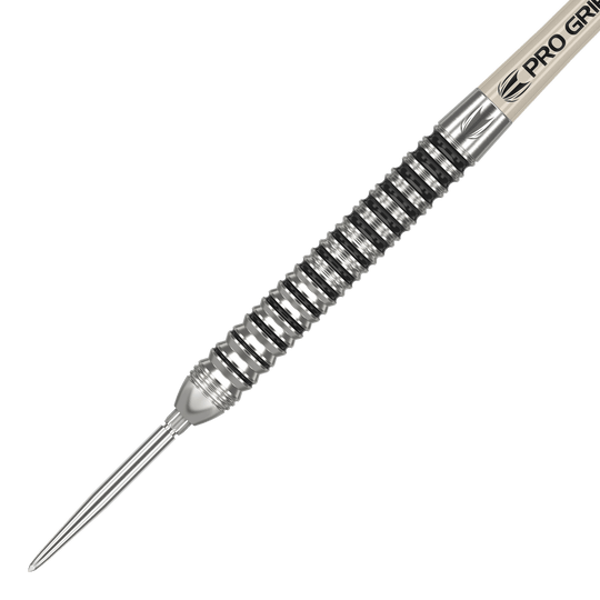 Target EXO SP01 Swiss Point stalen dartpijlen Das Bild zeigt einen Target EXO SP01 Swiss Point Steeldart. Der Dart hat ein silbernes, geriffeltes Barrel und eine spitze Stahlspitze.