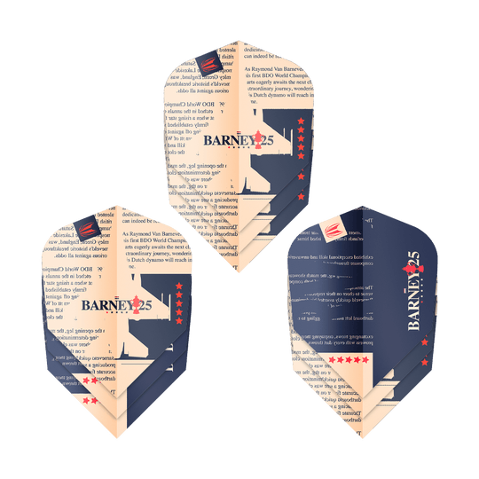 Target ProUltra Raymond Van Barneveld Barney25 Ten-X-vluchten Das Bild zeigt drei Dart-Flights mit dem Design „BARNEY25“ und Sternen. Sie sind in den Farben Dunkelblau und Beige gehalten und tragen Text sowie ein Logo.
