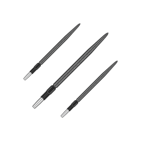 Target Swiss Point SLK dartpunten - Zwart Das Bild zeigt drei schwarze Dartspitzen, die nebeneinander liegen. Sie haben eine metallische Spitze und einen geriffelten Abschnitt am Ende.