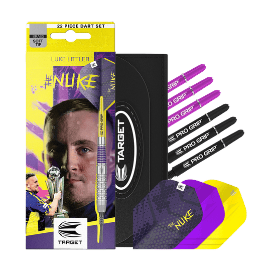 Das Bild zeigt die Target Luke Littler Brass Softdarts - 19g. Die Darts eignen sich zum Spielen auf elektronischen Dartboards.