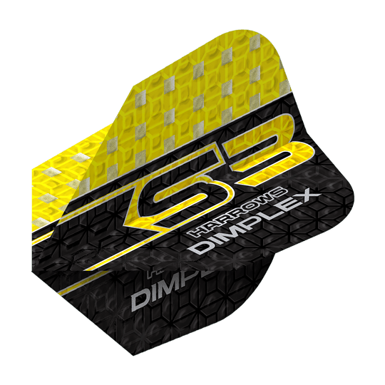 Harrows Dimplex S3 Flights - Geel Das Bild zeigt einen Harrows Dimplex S3 Flight in Gelb und Schwarz. Auf dem Flight steht "S3 HARROWS DIMPLEX" in auffälliger Schrift.