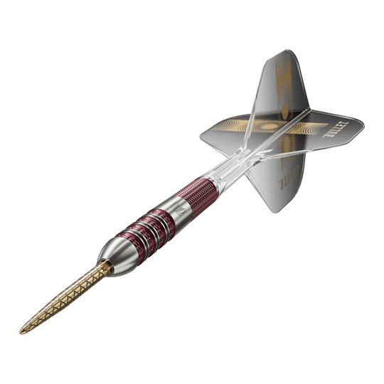 Das Bild zeigt einen Target Stephen Bunting 95K Swiss Point Steeldart. Der Dartpfeil hat einen metallic-roten Griff, eine goldene Spitze und schwarze Flights mit dem Schriftzug "BULLET".