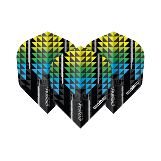Das Bild zeigt drei Winmau Prism Alpha Flights in den Farben Blau, Grün und Gelb. Die Flights haben ein modernes, geometrisches Muster mit dem Schriftzug "Winmau" und "Prism Alpha".