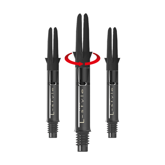 L-L-Style-Shaft Carbon Silent Straight - Zwart Das Bild zeigt drei schwarze Dartschäfte der Marke L-Style in einer geraden Anordnung. Über dem mittleren Schaft ist ein roter Pfeil, der eine Drehbewegung anzeigt.