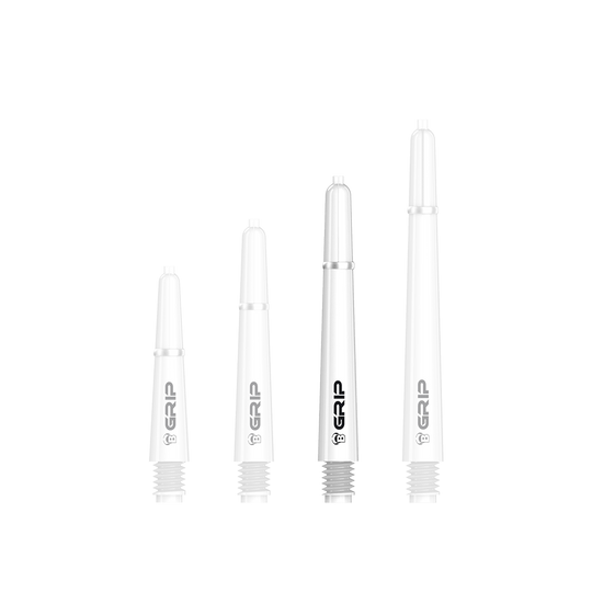 BS55069_Bulls_B-Grip-2_SL_Shafts_Weiss_41mm_1aC7htoVTCV4T3 Auf dem Bild sind vier weiße Dartschäfte des Modells „Bulls B-Grip-2 SL Shafts“ in unterschiedlichen Längen zu sehen. Die Schäfte haben ein schlichtes Design mit schwarzer Aufschrift „GRIP“.