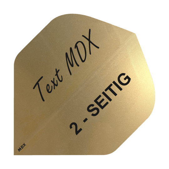 10 sets bedrukte metalen vluchten, dubbelzijdig - aangepaste tekst - MDX-standaard Das Bild zeigt ein goldfarbenes Dartflight mit schwarzer Aufschrift. Darauf steht „Text MDX“ und „2-SEITIG“.