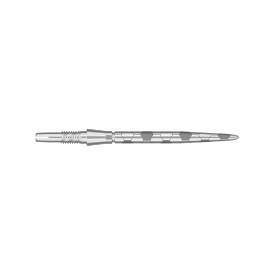 Das Bild zeigt eine silberne Dartspitze mit einem modernen, strukturierten Design. Sie ist lang und schmal mit sechseckigen Mustern entlang der Spitze.