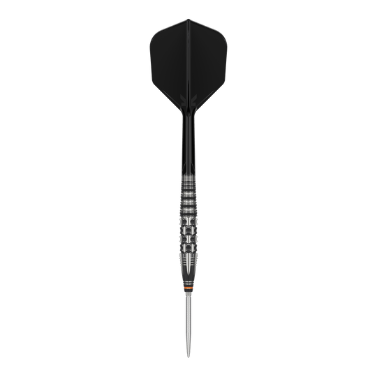 Das Bild zeigt einen Target Japan Black Marque Dancing Duck GEN 4 Steeldart. Der Dartpfeil hat ein elegantes, schwarzes Design mit einer metallischen, strukturierten Griffzone.