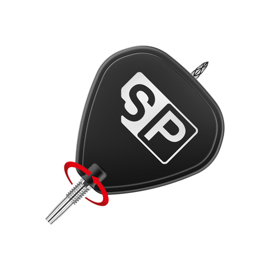 Target Swiss DS Surge Point dartpunten - Zilver Das Bild zeigt die Spitze eines Dartpfeils mit einem schwarzen Flight, auf dem die Buchstaben "SP" in Weiß abgebildet sind. Ein roter Pfeil weist auf den Befestigungspunkt der Spitze hin.