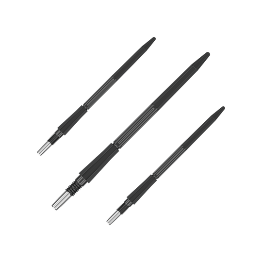 Target Elysian Archetype 43 Swiss Point stalen dartpijlpunten - zwart Das Bild zeigt ein Set schwarzer Dartspitzen mit einer Länge von 42 mm. Sie eignen sich für Dartspieler.