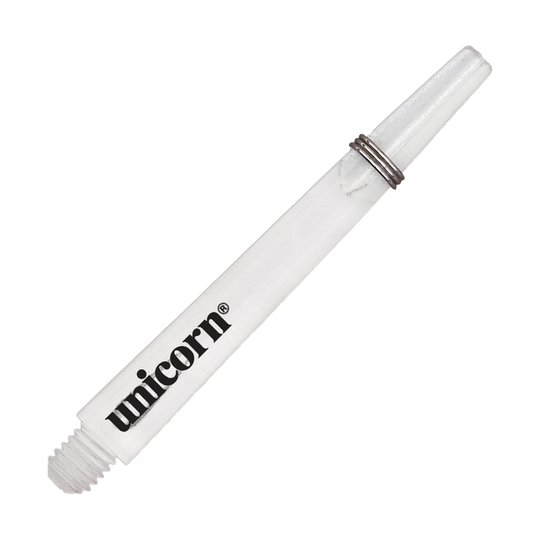 Unicorn Gripper 3 Mirage Shafts - Transparant - 44,2 mm Das Bild zeigt einen klaren Unicorn Gripper 3 Mirage Shaft mit einer Länge von 44,2 mm. Auf dem Schaft ist das Wort "unicorn" aufgedruckt.