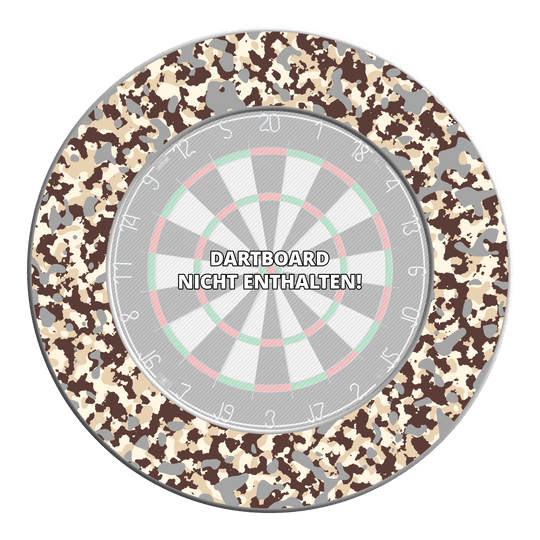 McDart Camo Dartbord Surround Hier ist ein Dartboard-Surround im Wüstendesign abgebildet. Es dient zum Schutz der Wand und verleiht dem Spielbereich einen besonderen Stil.
