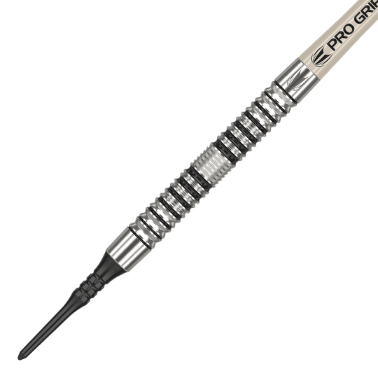 Target EXO 10 Zachte Darts Das Bild zeigt einen Target EXO 10 Softdart. Der Dartpfeil hat ein silbernes, gerilltes Griffstück und eine schwarze Kunststoffspitze.