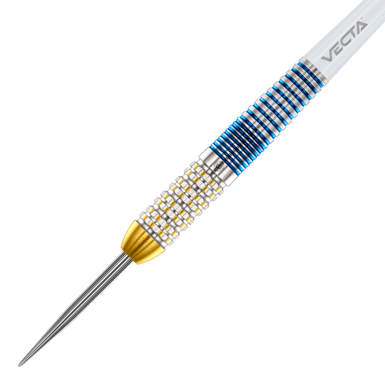 Das Bild zeigt einen Winmau Steve Beaton Legend Series Steeldart. Der Dart hat ein silbernes, goldfarbenes und blaues Design mit einer strukturierten Griffzone.