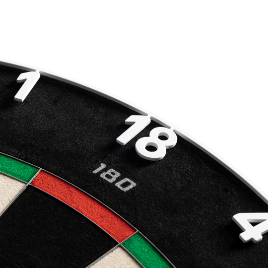 Precise 180 Endorphine Steel Dartbord met genummerde ring - Klassiek wit Das Precise 180 Endorphine Steeldartboard mit Nummernring in Weiß ist auf dem Bild zu erkennen. Die hochwertige Steeldartscheibe eignet sich für den professionellen Einsatz.