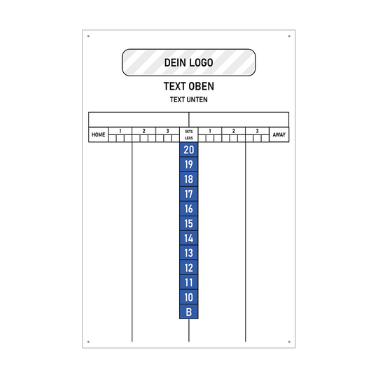 INSCORE2_Scoreboard_mit_Wunschdruck_40x60cm_Blau_3 Das Bild zeigt eine weiße Anzeigetafel mit blauen Zahlen in der Mitte und Feldern für Ergebnisse. Oben gibt es Platz für ein Logo und individuellen Text.