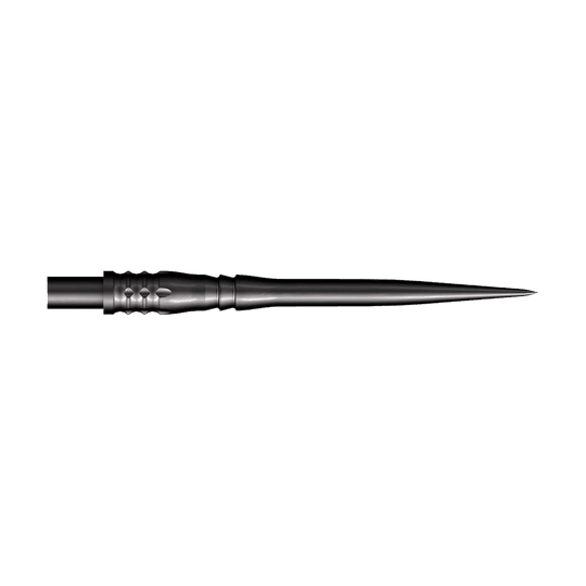 Shot Cone Rocket Steel Dartpunten - Zwart - 35mm Das Bild zeigt eine schwarze Steeldart-Spitze mit einer Länge von 35 mm. Die Spitze hat ein schlankes, spitz zulaufendes Design und strukturierte Rillen am Schaft.