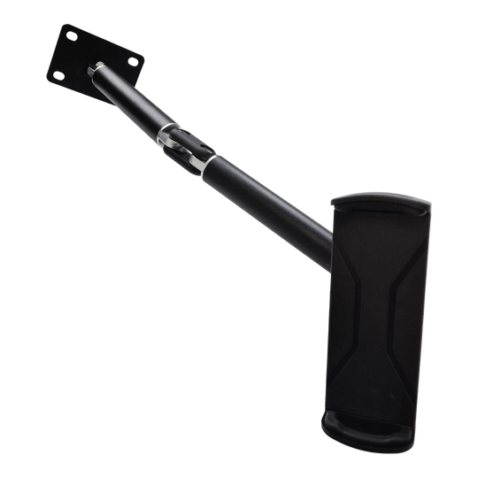 McDart TABFlex tablet muurbeugel met flexibele arm Die Abbildung zeigt die McDart TABFlex Tablet-Wandhalterung mit flexiblem Arm. Diese Halterung ist schwarz und lässt sich an der Wand befestigen, um ein Tablet sicher zu halten.