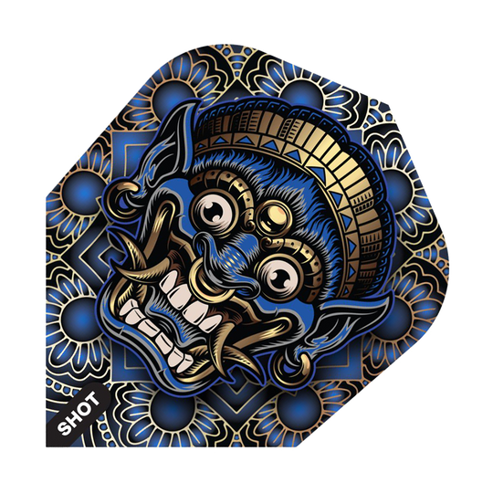Shot Tribal Weapon Java No6 Vluchten Das Bild zeigt ein Dart-Flight mit einem farbenfrohen, traditionellen Tribal-Design in Blau, Gold und Schwarz. Das auffällige Motiv stellt eine stilisierte, furchteinflößende Maske dar.