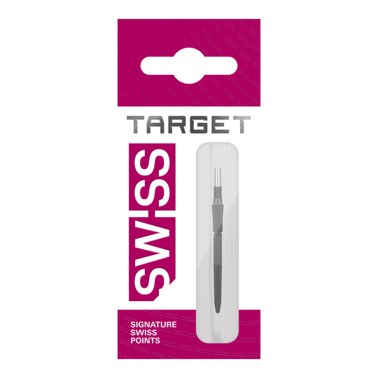 Target Elysian Archetype 43 Swiss Point stalen dartpijlpunten - zwart Hier sind drei schwarze Dartspitzen von Target Elysian Archetype 43 SwissPoint, 30 mm lang, zu sehen. Sie werden als Gruppe präsentiert.