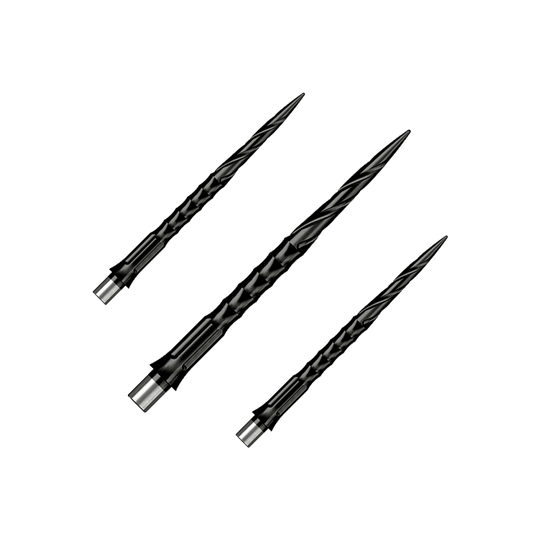Caliburn System stalen dartpunten - Spiro - Geen lip - Zwart Gezeigt wird ein Set von Steeldartspitzen Caliburn Evo System Spiro NoLip Black, 36mm. Die Spitzen sind für Steeldarts geeignet und schwarz gefärbt.