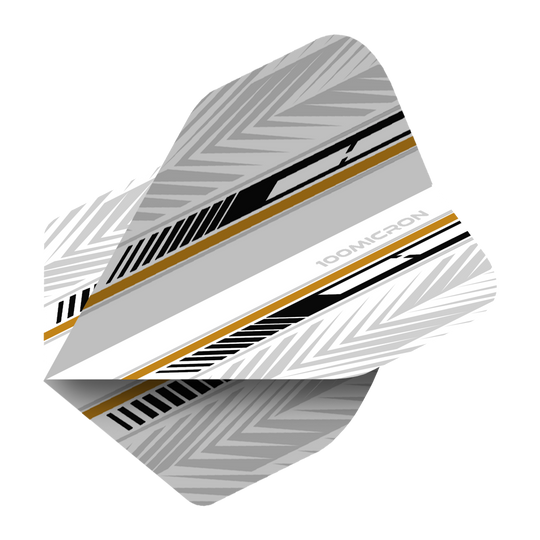 Pentathlon Flights wit/zwart/goud Das Bild zeigt ein Dartflight mit einem modernen Design in Weiß, Schwarz und Gold. Die Oberfläche ist mit geometrischen Mustern und Streifen verziert.