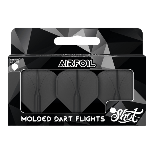 Auf dem Bild ist eine Packung mit drei schwarzen, geformten Dartflights zu sehen. Die Verpackung trägt die Aufschrift „Airfoil“ und „Molded Dart Flights“ der Marke Shot.