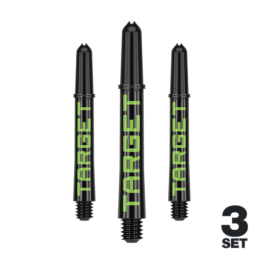 Target Pro Grip TAG Shafts - 3 Sets - Zwart Groen Das Bild zeigt drei schwarze Dart-Schäfte mit grünem Schriftzug "TARGET". Unten rechts steht "3 SET", was auf ein Set von drei Stück hinweist.