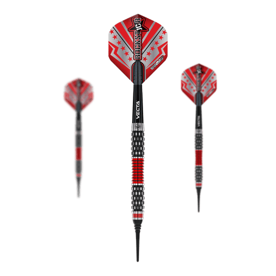 Winmau Joe Cullen Rockstar Series RS1 Zachte Darts - 20g Das Bild zeigt drei Softdarts der Marke Winmau aus der Joe Cullen Rockstar Series RS1 mit einem Gewicht von 20g. Die Darts sind überwiegend in den Farben Schwarz und Rot gestaltet und haben auffällige Flights mit dem Schriftzug "Rockstar".