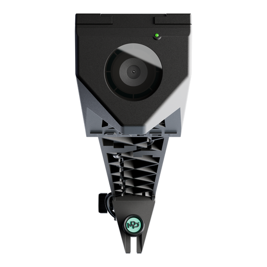 Target VIRT-camera Das Bild zeigt die Target VIRT Kamera aus der Vorderansicht. Die Kamera hat ein modernes, technisches Design mit einem großen Objektiv in der Mitte.