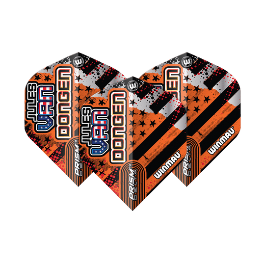 Winmau Prism Delta Jules Van Dongen Standaardvluchten Das Bild zeigt drei Dartflights des Modells "Winmau Prism Delta Jules Van Dongen Standard Flights". Die Flights sind in Schwarz, Orange und Silber gestaltet und tragen den Namen "Jules Van Dongen".