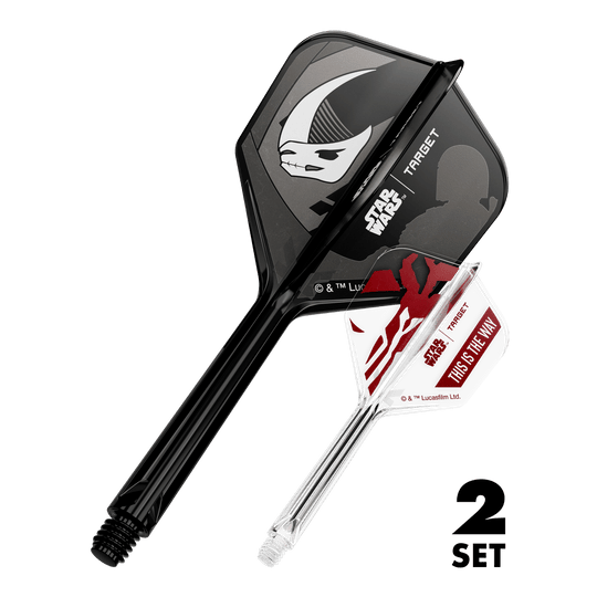 Target Star Wars K-Flex Set Mandalorian nr. 6 Flights Das Bild zeigt den Artikel '410625_Target_StarWars_K-Flex_Mandalorian_2PackSet_No6_Flights_33mm_1'. Es handelt sich wahrscheinlich um Dart-Flights mit Star Wars Mandalorian Motiv.