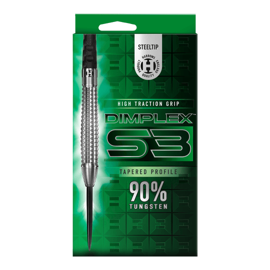 Harrows Dimplex S3 taps toelopende stalen darts Das Bild zeigt die Verpackung der "Harrows Dimplex S3 Tapered Steeldarts". Die Verpackung ist grün und hebt den hohen Wolframanteil von 90% sowie den hohen Grip hervor.