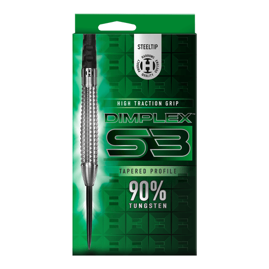 Harrows Dimplex S3 taps toelopende stalen darts Mehrere Harrows Dimplex S3 Tapered Steeldarts sind aus verschiedenen Blickwinkeln zu sehen. Die Darts sind farbig gestaltet.