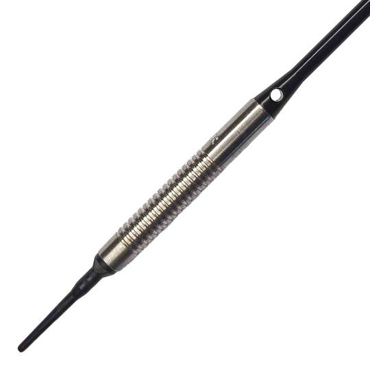 McDart 85 Tungsten V8 Soft Darts - 18,5 g Das Bild zeigt einen McDart 85er Tungsten V8 Softdart mit einem Gewicht von 18,5 Gramm. Der Dart besteht aus silberfarbenem Metall mit einer geriffelten Griffzone und einer schwarzen Spitze.