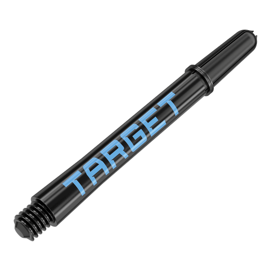 Target Pro Grip TAG Shafts - 3 sets - Zwartblauw Das Bild zeigt einen schwarzen Dart-Schaft mit blauer Schrift, auf dem "TARGET" steht. Der Schaft hat ein Gewinde am Ende zur Befestigung am Dartpfeil.