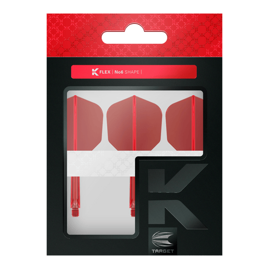 Target K-Flex No6 Vluchtsysteem - Rood Das Bild zeigt eine Verpackung mit drei roten Dartflights und Schäften. Die Marke "Target" und die Produktbezeichnung "K-Flex No6 Shape" sind auf der Verpackung sichtbar.