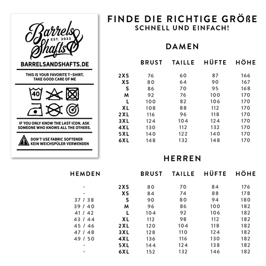 Barrels and Shafts dames-T-shirt - zwart Das Bild zeigt eine Größentabelle für Damen- und Herren-T-Shirts der Marke "Barrels and Shafts". Links sind Pflegehinweise für das T-Shirt abgebildet, rechts finden sich die Maße für die verschiedenen Größen.