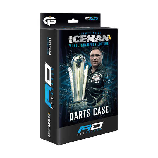 X0611_Red_Dragon_Gerwyn_Price_World_Champion_Dartcase_4 Die Verpackung zeigt das Produkt "Red Dragon Gerwyn Price World Champion Dartcase". Auf der Vorderseite sind ein Dartspieler, eine Trophäe und der Schriftzug "Darts Case" abgebildet.