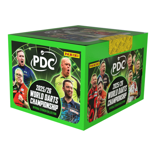 Panini PDC World Darts Championship 2025/26 - Stickerbox met 65 pakketten Dies ist die Panini PDC World Darts Championship 2025/26 Stickerbox mit 65 Tüten. Die Box ist für das Sammeln von Stickern zur Darts-Weltmeisterschaft geeignet.