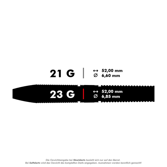 190227_Target_Gabriel_Clemens_Black_Edition_Steeldarts_5_23g Das Bild zeigt die technischen Daten eines Steeldarts mit 23 Gramm Gewicht. Die Länge beträgt 52,00 mm und der Durchmesser 6,85 mm.