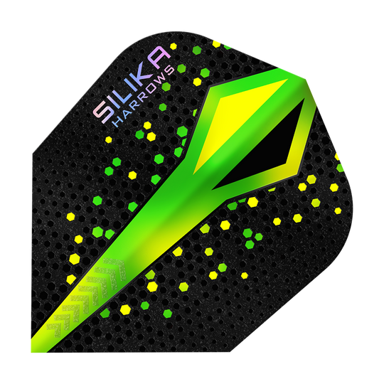 Das Bild zeigt ein Dart-Flügel von Harrows mit dem Namen "Silika Colourshift Tough Crystalline Coating Green No6". Das Design ist schwarz mit grünen und gelben Akzenten sowie einem auffälligen grünen Muster in der Mitte.