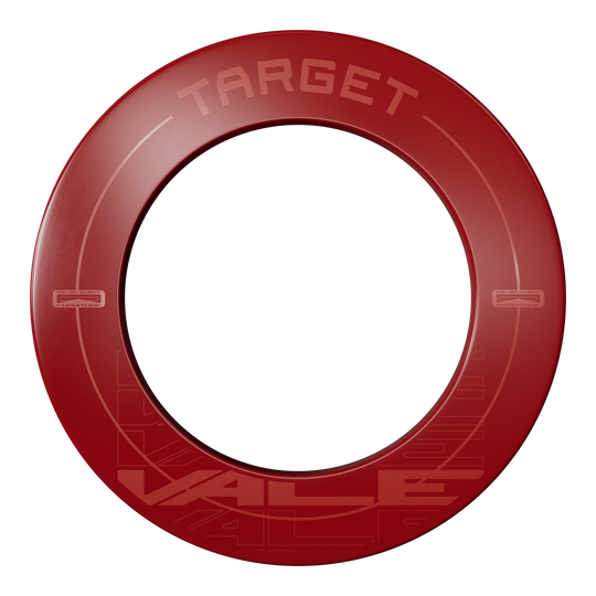 Target VALE Dartbord Surround Das Bild zeigt einen roten Dartboard-Surround mit der Aufschrift "TARGET VALE". Der Surround ist rund und schützt die Wand rund um die Dartscheibe.
