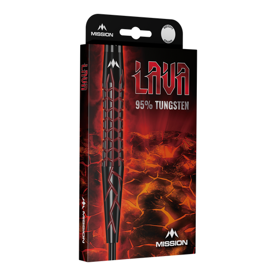 Missie Lava Steeldarts Die Abbildung zeigt die Verpackung der Mission Lava Steeldarts. Auf der Schachtel steht "Lava 95% Tungsten" vor einem feurigen Lava-Hintergrund.