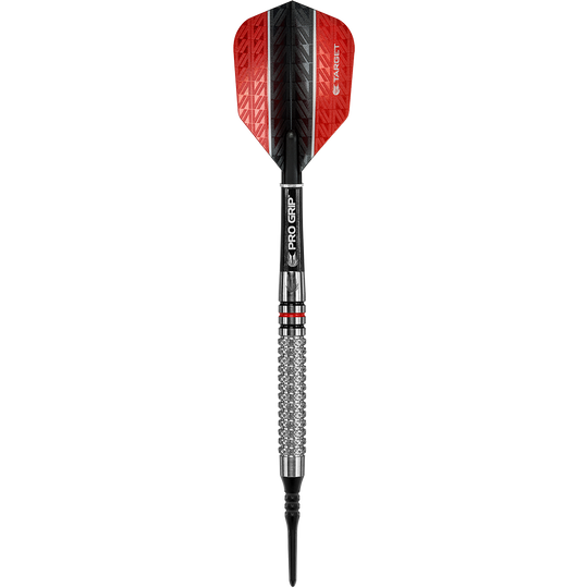Das Bild zeigt einen Target Vapor8 05 Softdart mit einem Gewicht von 18 Gramm. Der Dart hat eine rote und schwarze Flight, einen silbernen Barrel mit Griffstruktur und einen schwarzen Schaft.
