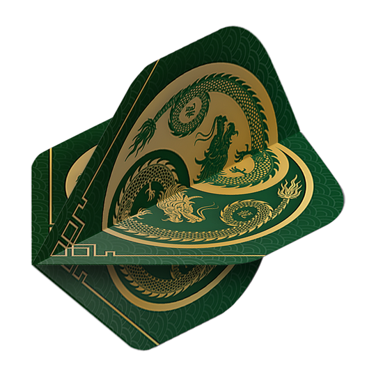 Pentathlon Vluchten Draakgroen Das Bild zeigt die Pentathlon Dragon 3 Standard Flights. Sie sind grün mit einem goldenen Drachenmotiv verziert.