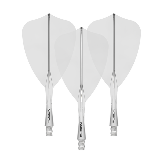 Das Bild zeigt ein Winmau Fusion Flight Shaft System Arrow, klar und 22mm lang. Es handelt sich um ein Set von Schäften für Dartpfeile.