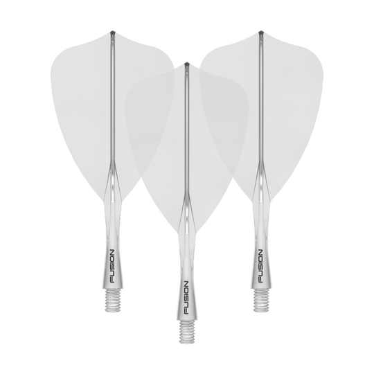 Winmau Fusion Flight Shaft System pijl transparant Das Bild zeigt ein Winmau Fusion Flight Shaft System Arrow, klar und 22mm lang. Es handelt sich um ein Set von Schäften für Dartpfeile.